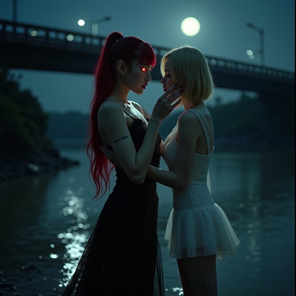 Gothic Vampire Woman Feasts Under Moonlit Bridge