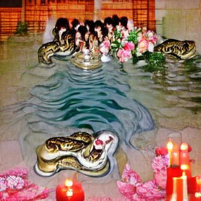 Surreal Lake Scene with Symbolic Figures