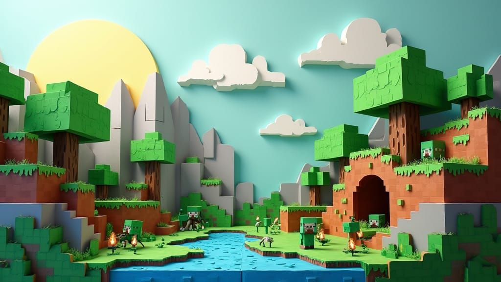 PaperCraft Minecraft Scene: Flat, Handmade Papercraft World