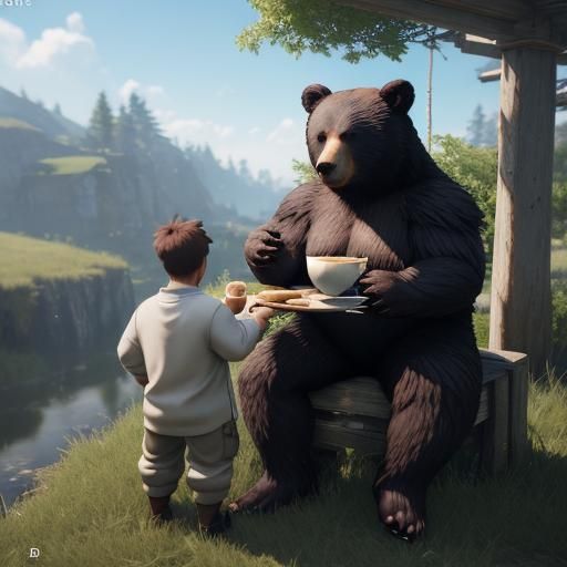 Anime Bear and Boy Share Bread, 3D Render