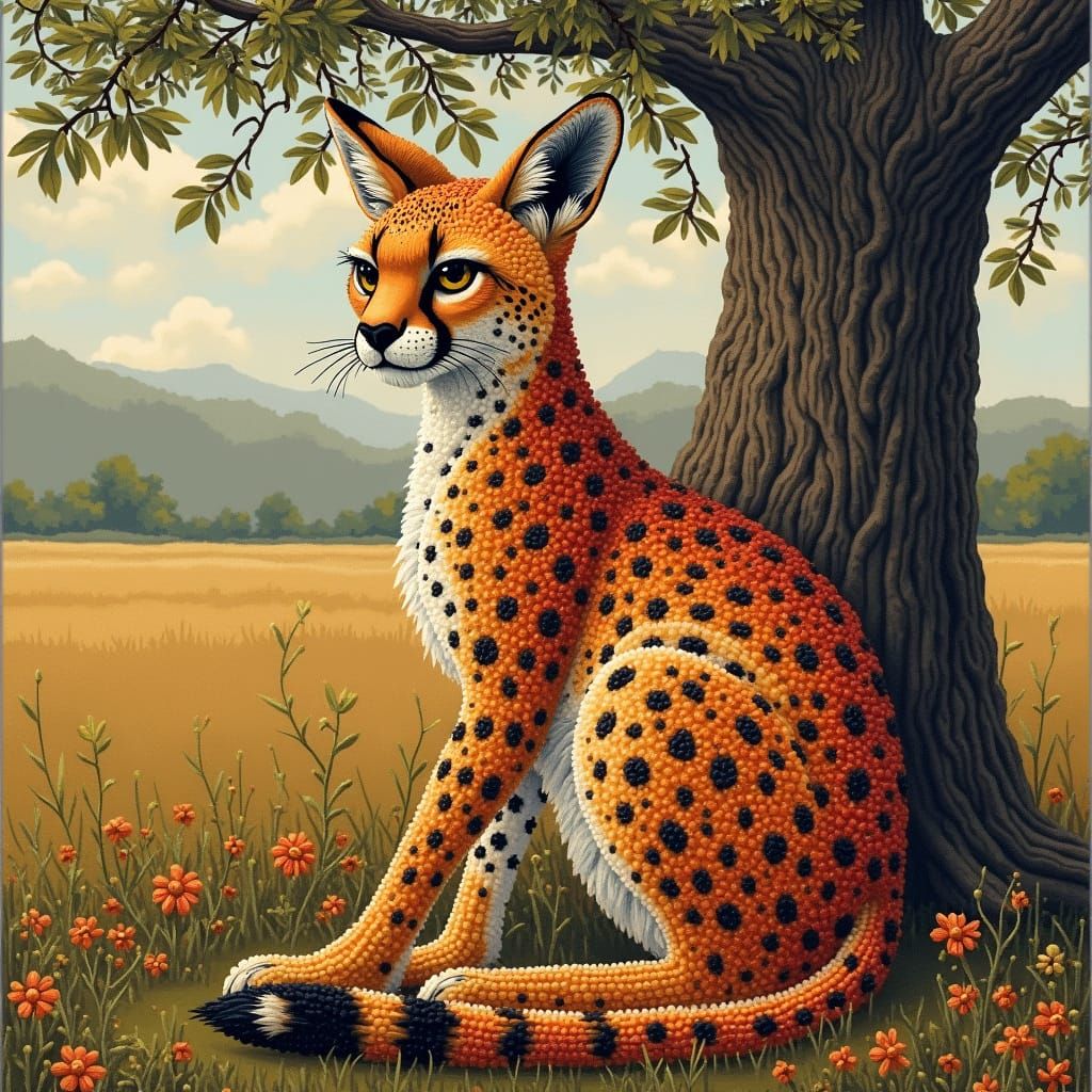 Serval in Field, Embellished with Beadwork