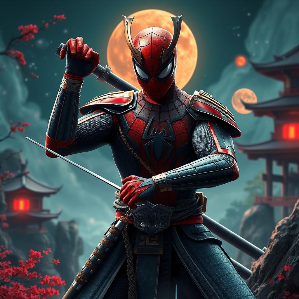 Samurai Spiderman in Mystical Japanese Landscape