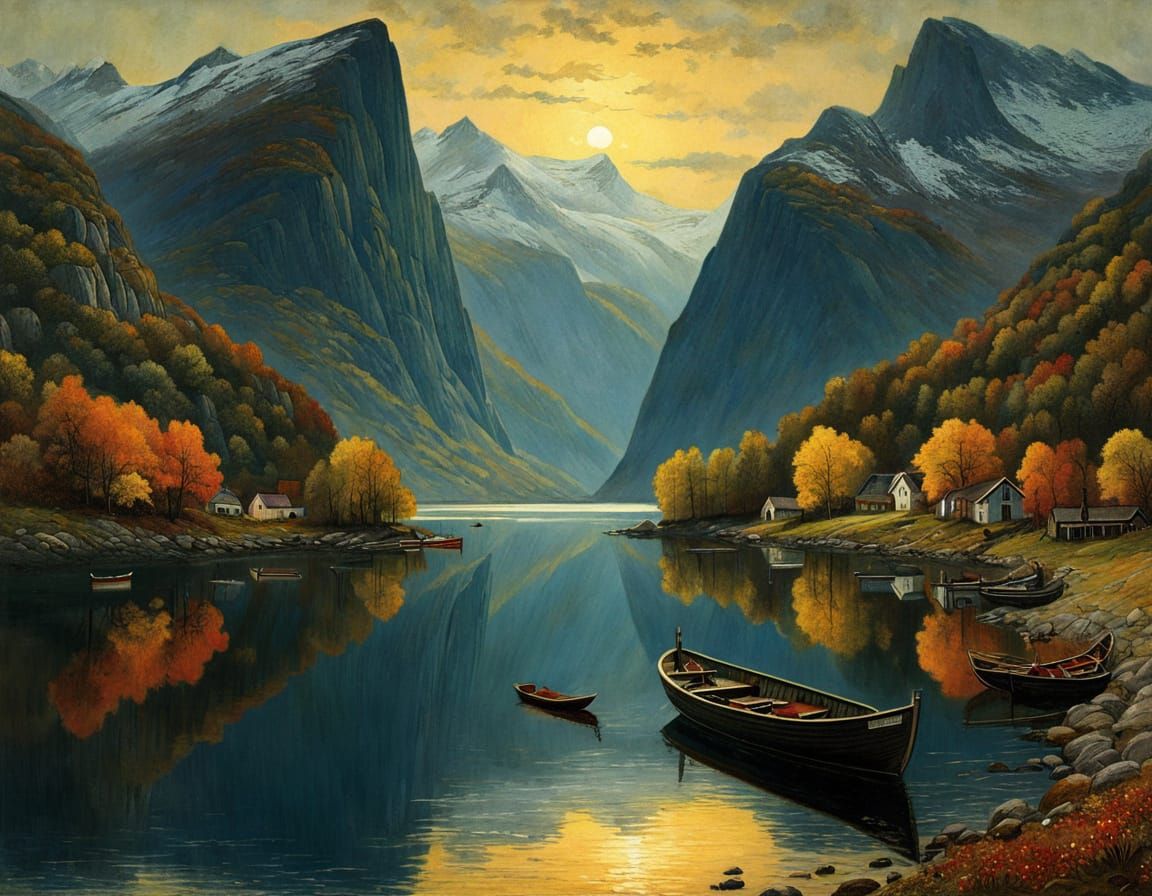 Autumn Evening Norwegian Fjord with Fishing Boats