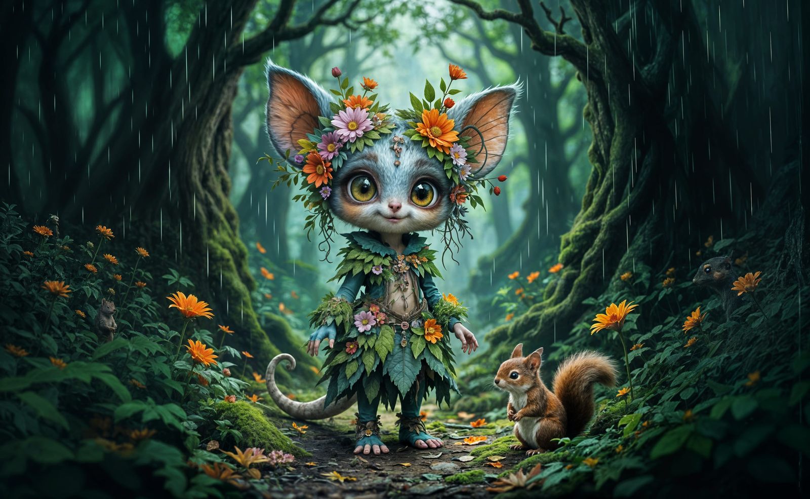 Whimsical Fae Creature in Enchanted Forest with Squirrel