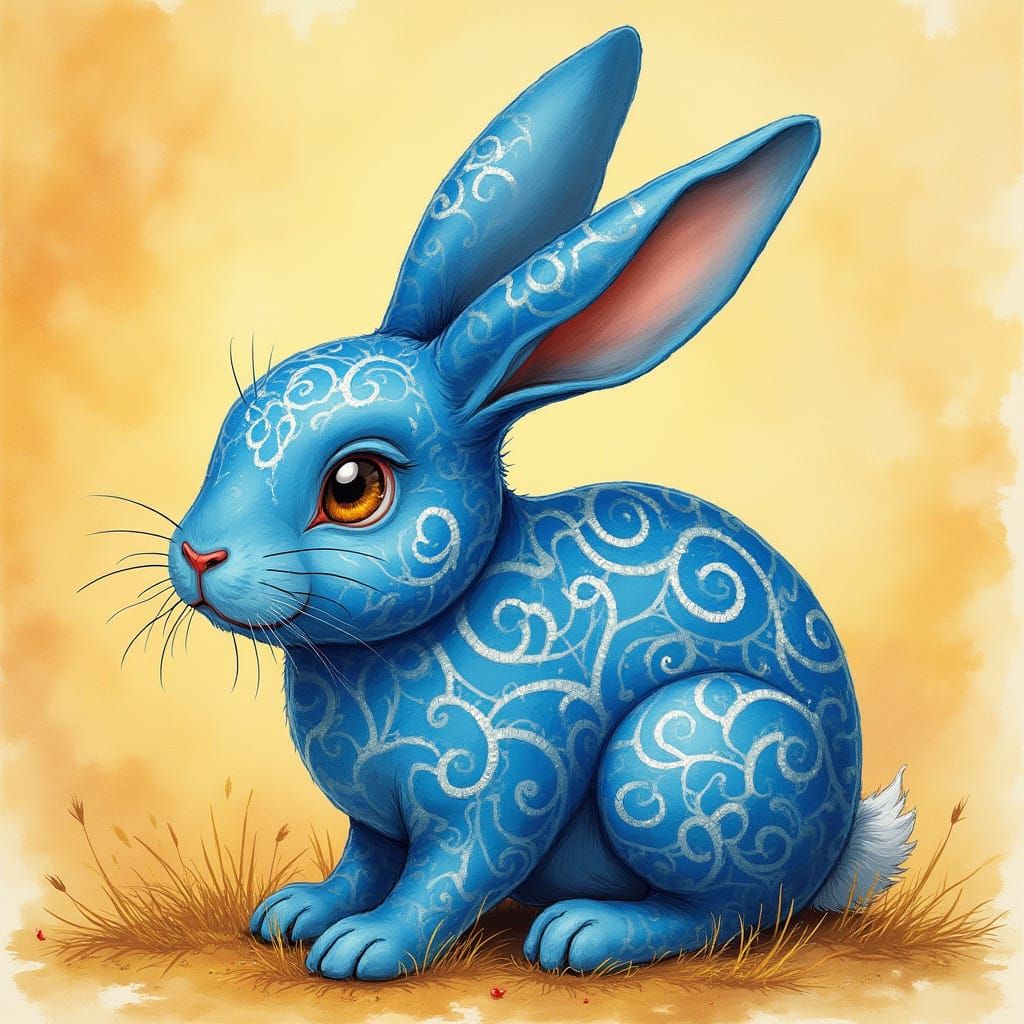 Whimsical Blue Rabbit in Vibrant, Swirling Patterns