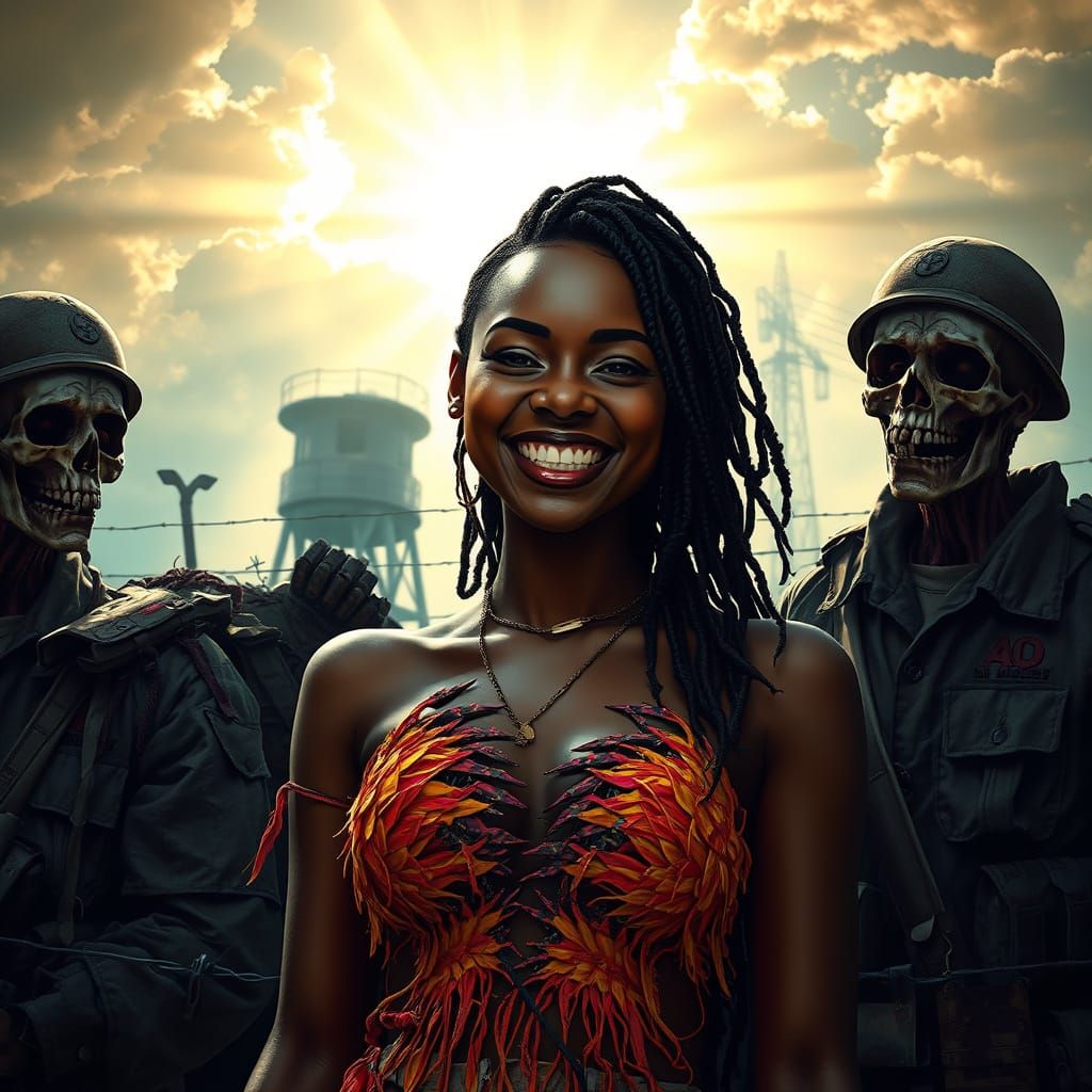 Woman Posing with Zombies in Atmospheric Lighting