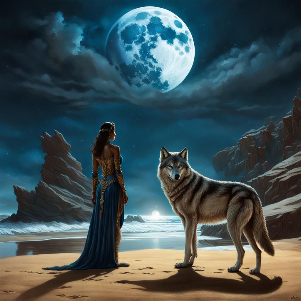 Moonlit Beach Scene with Wolf in Fantasy Art Style