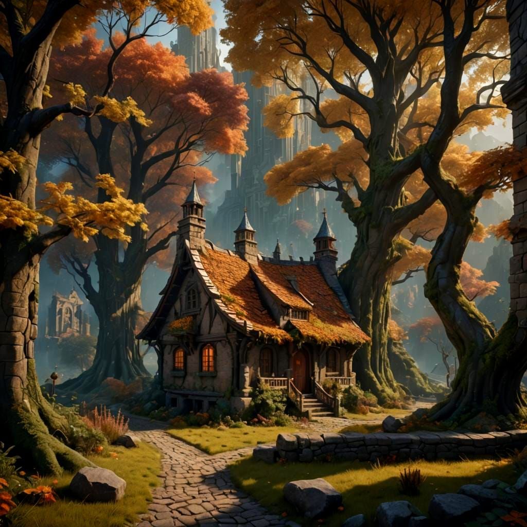 Fantastical Cottage with Tall Windows in Matte Painting