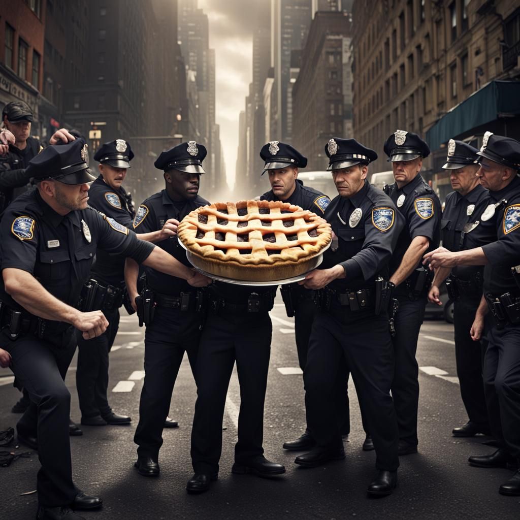 A group of New York cops arresting a pie.