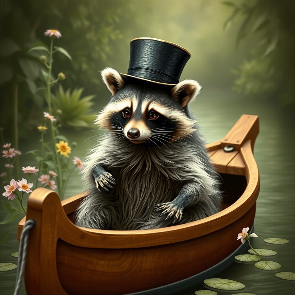 Raccoon Gentleman on a Boat, Illustrated Style