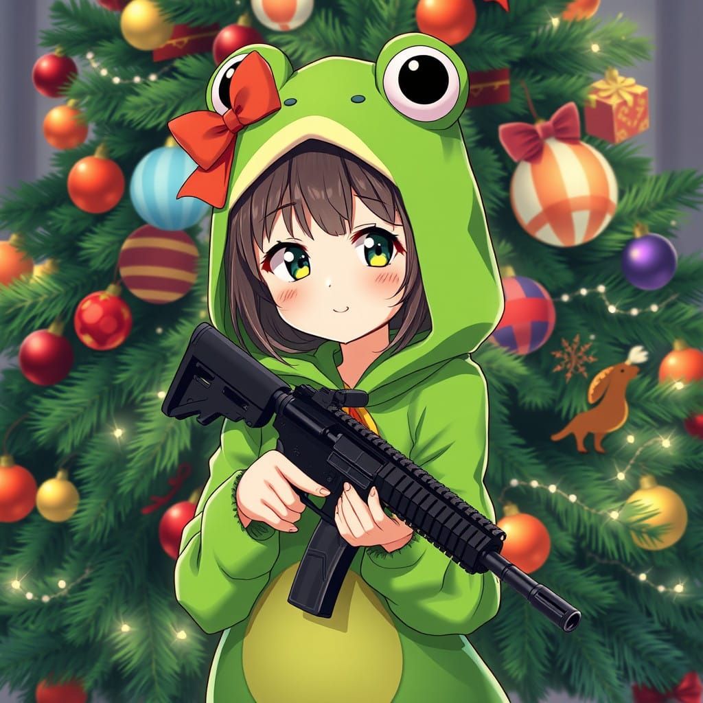 Anime-Style Christmas Frog Girl with M4 Rifle