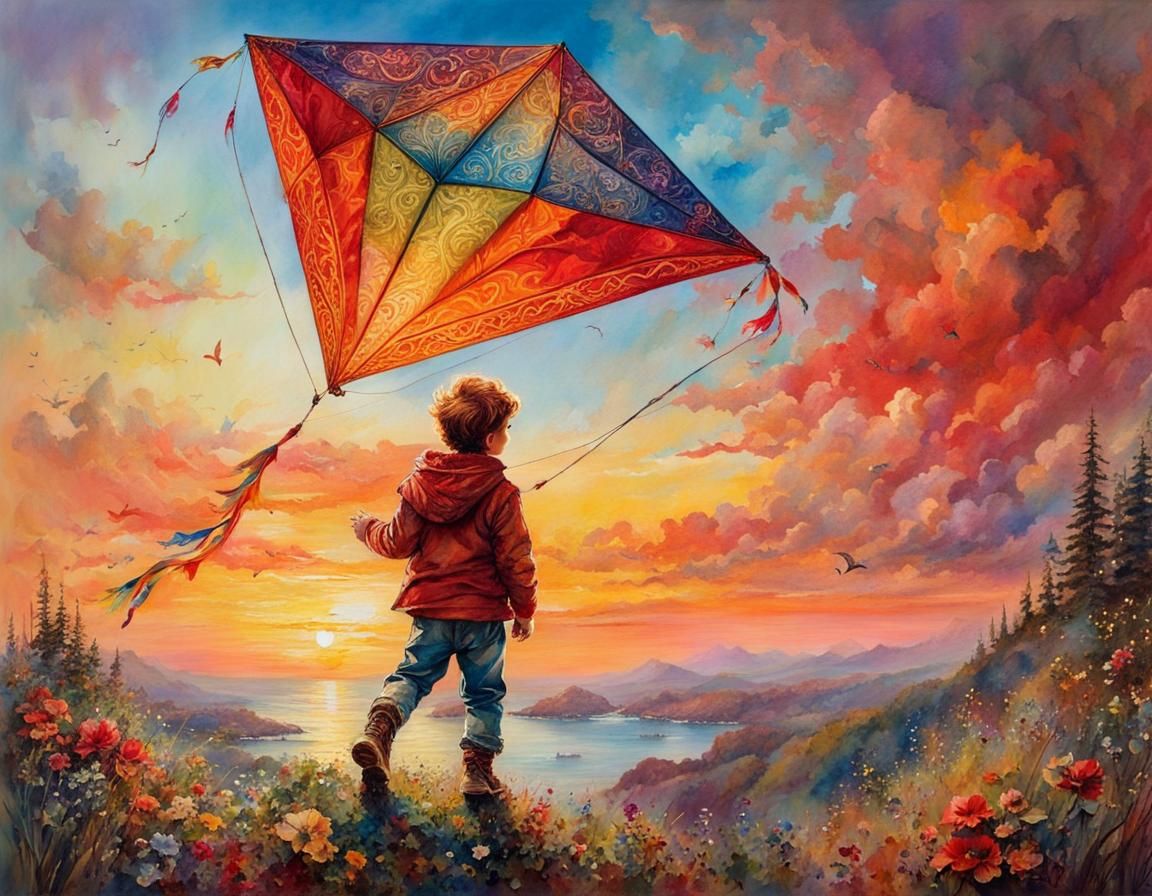 Boy Flying Kite at Sunrise in Watercolor Style