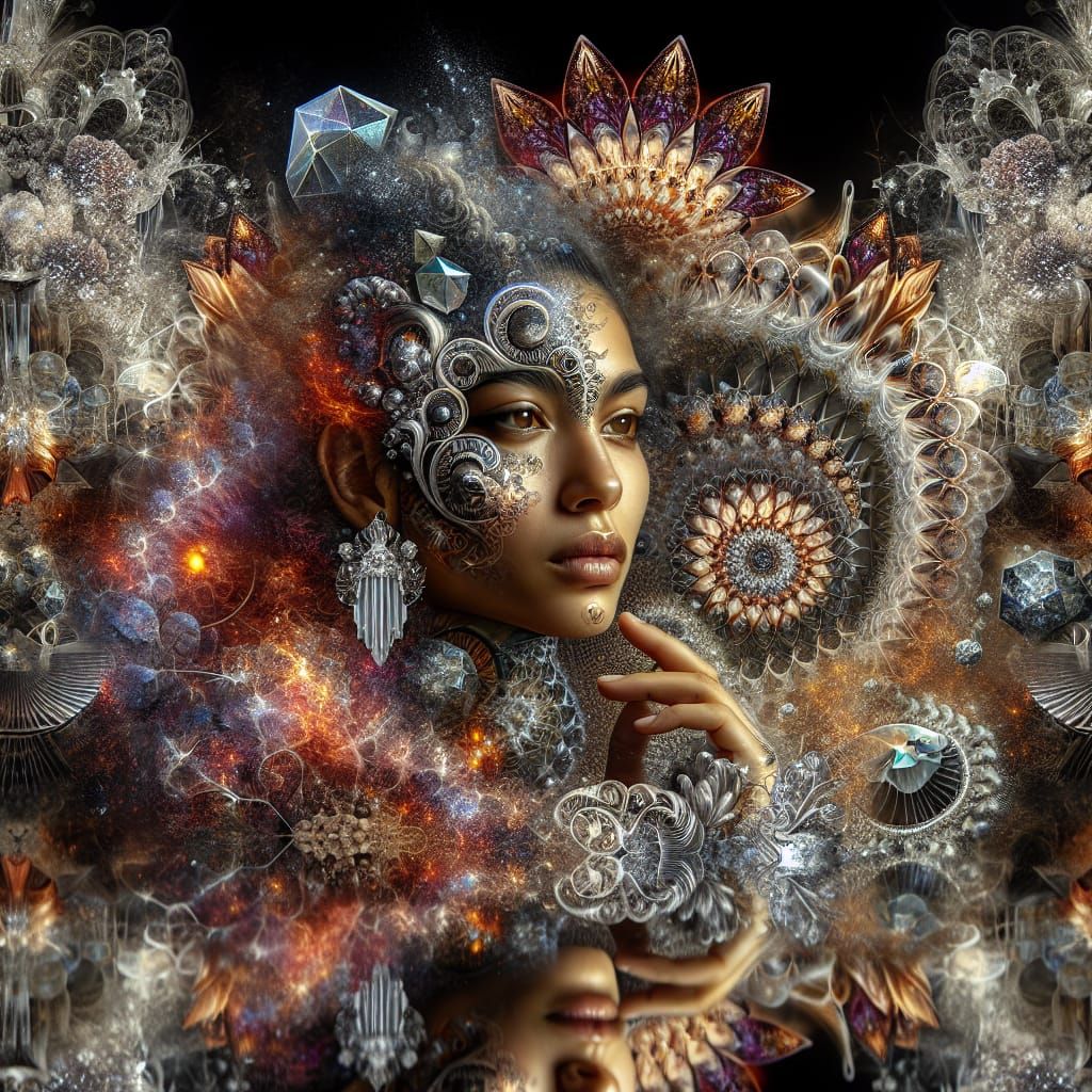 Gothic Tattooed Woman Reflected with Crystalline Details