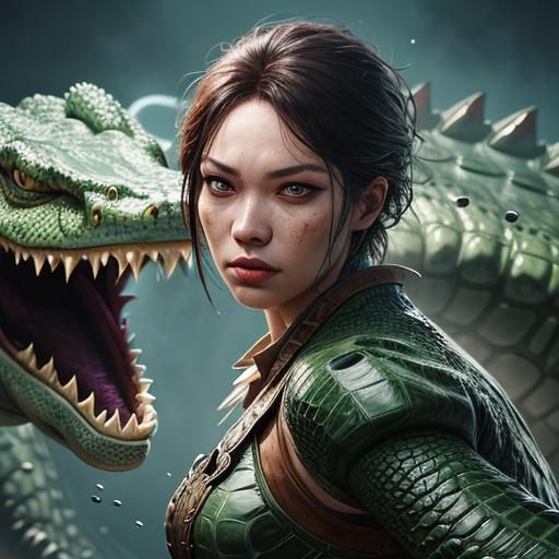 Woman Transforms into Crocodile: Hyperrealistic Splash Art