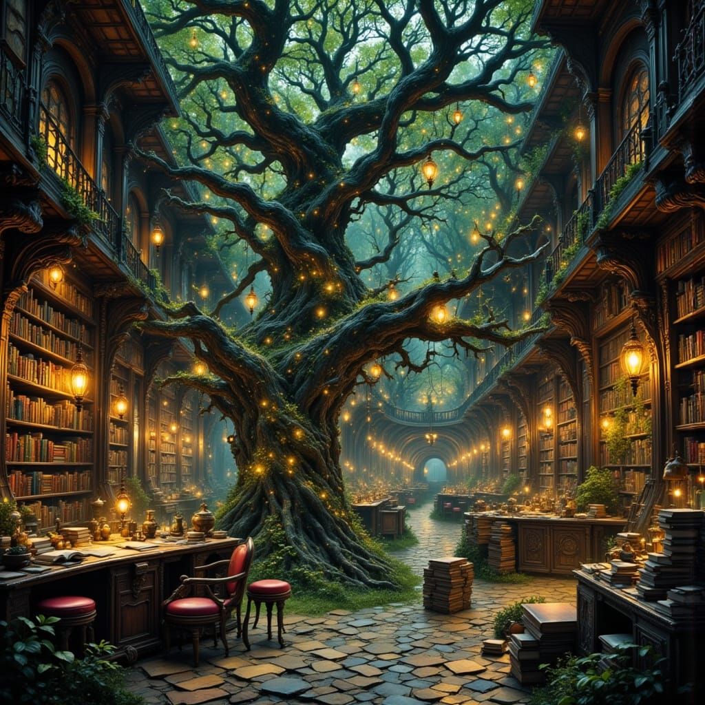 Enchanted Library with Floating Books and Glowing Lanterns