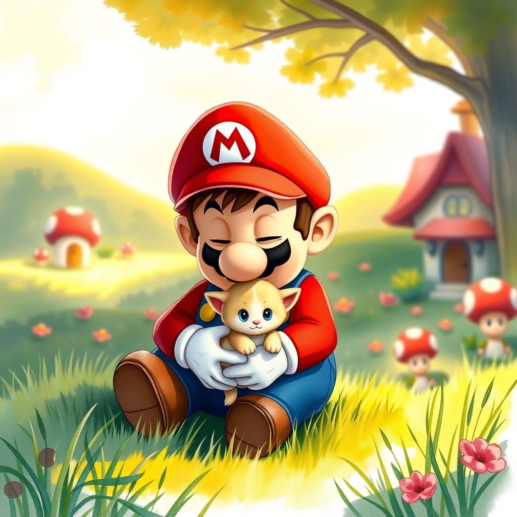 Whimsical Mushroom Kingdom Scene with Mario and Kitten