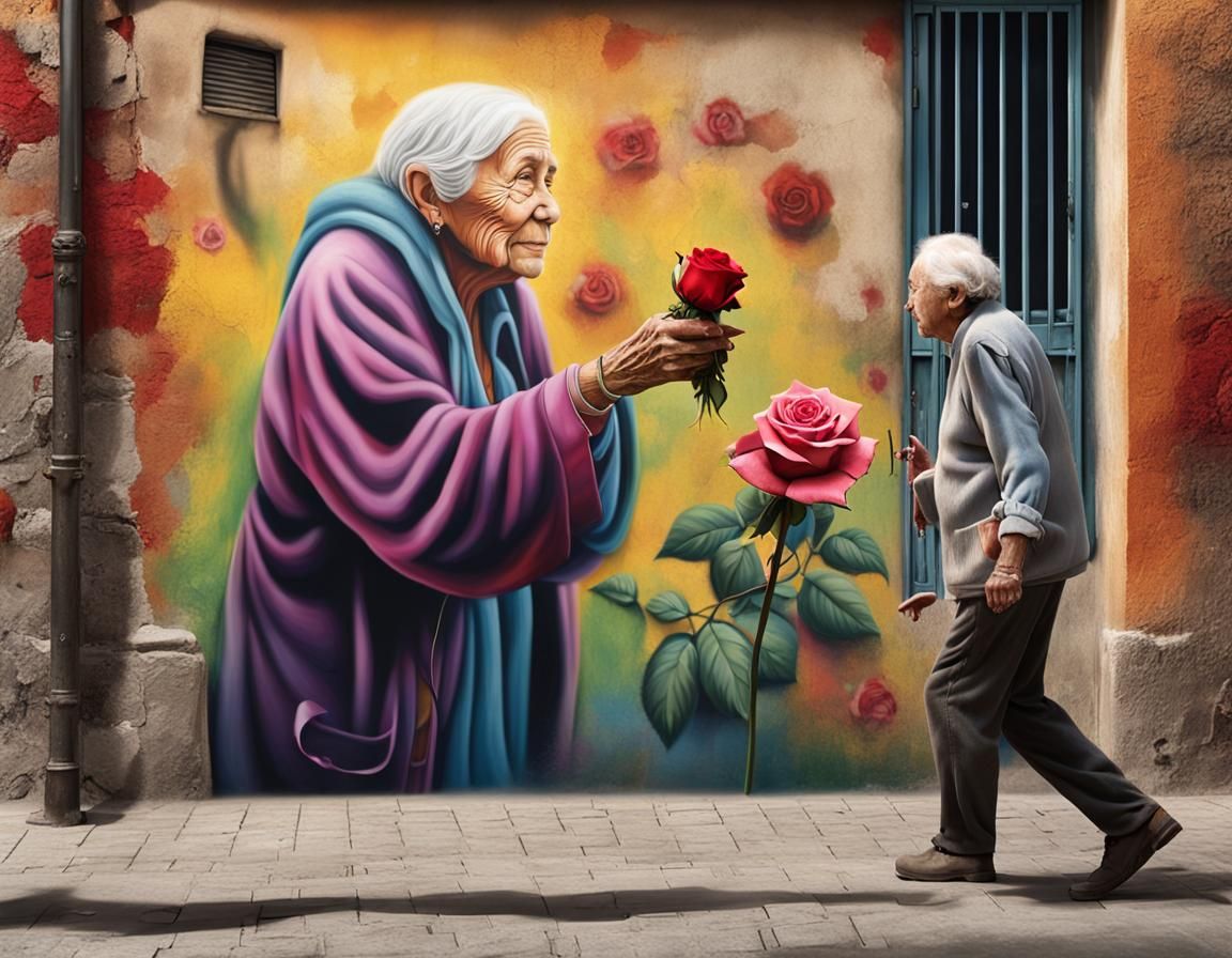 Romantic 3D Street Art of Elderly Couple