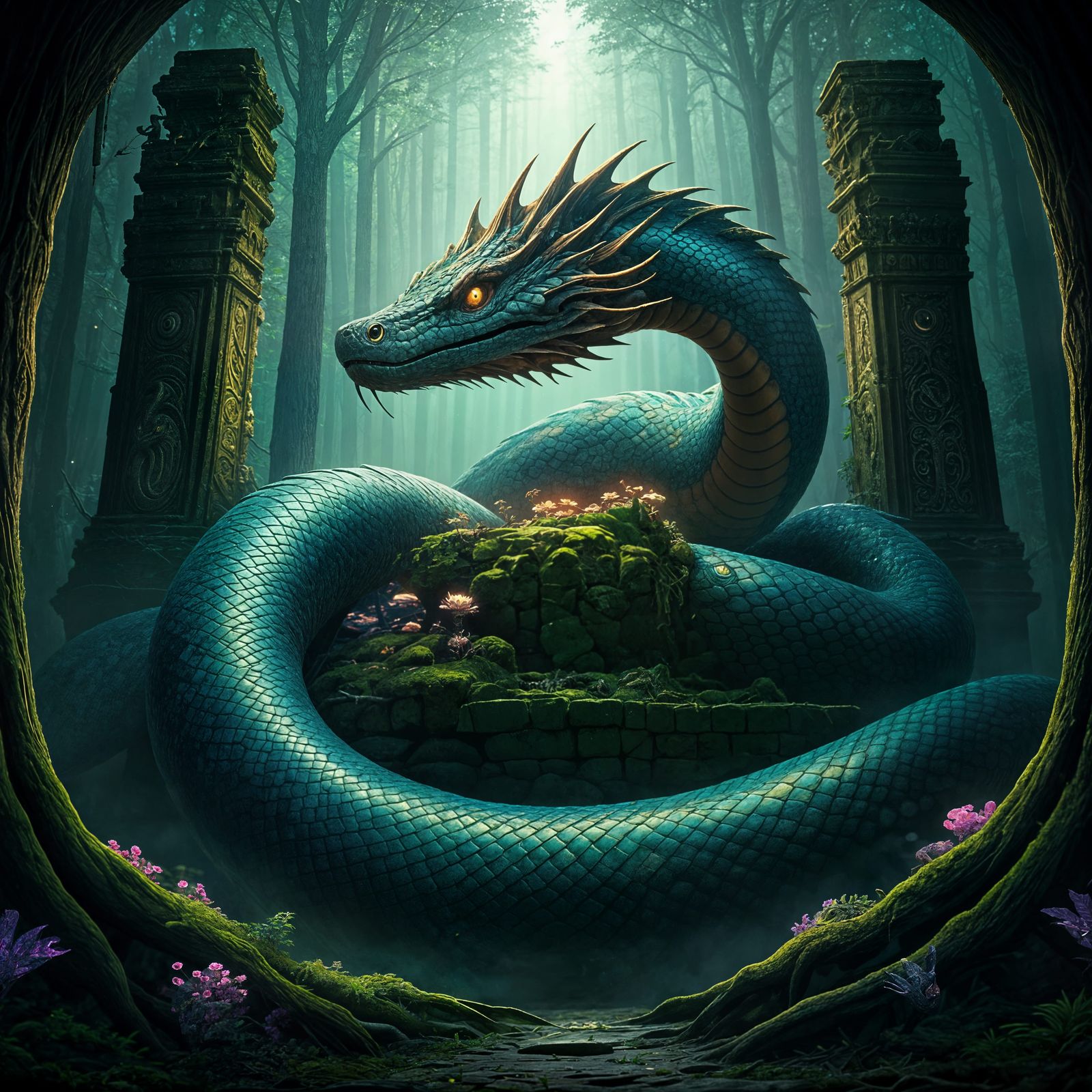 Ancient Serpent Coiled Around Stone Ruins