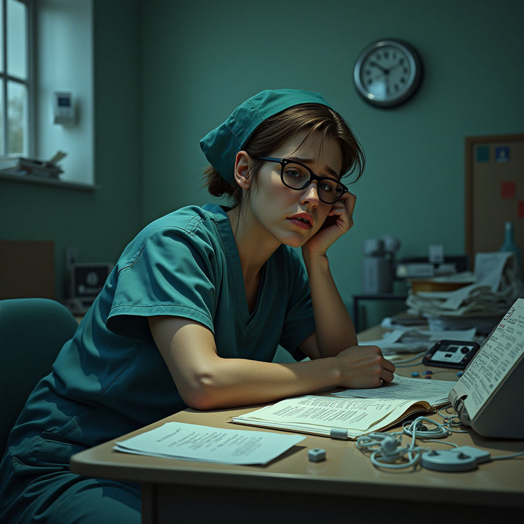 Exhausted Nurse at Hospital Desk in Detailed Matte Painting