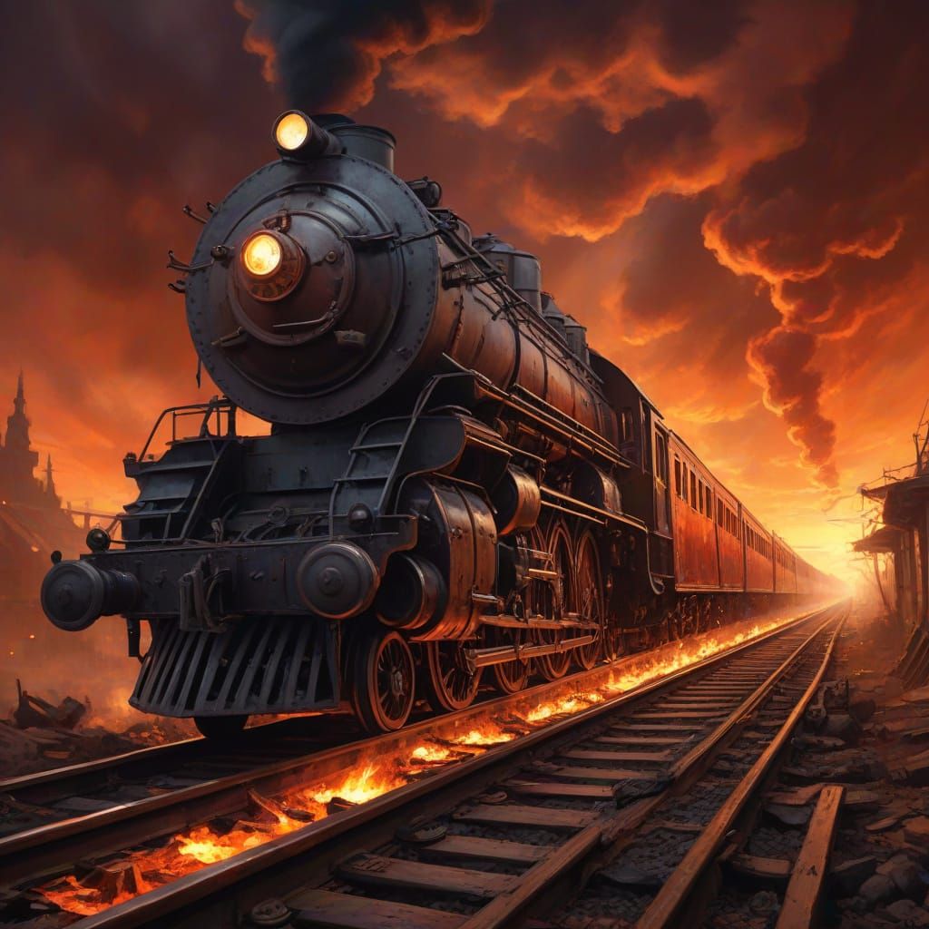 Death Train to Hell Under Blood Moon in Oil Painting