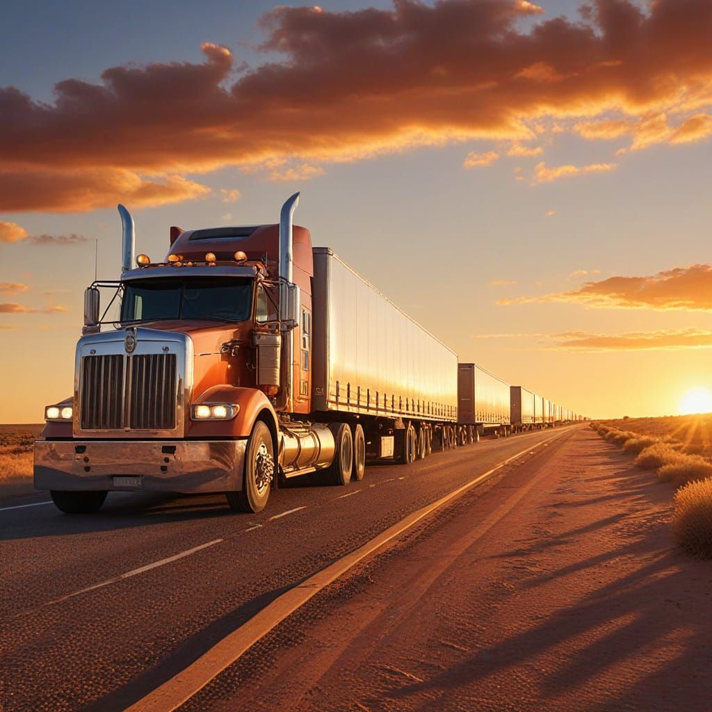 Australian Road Train on Desert Highway in Oil Painting Styl...