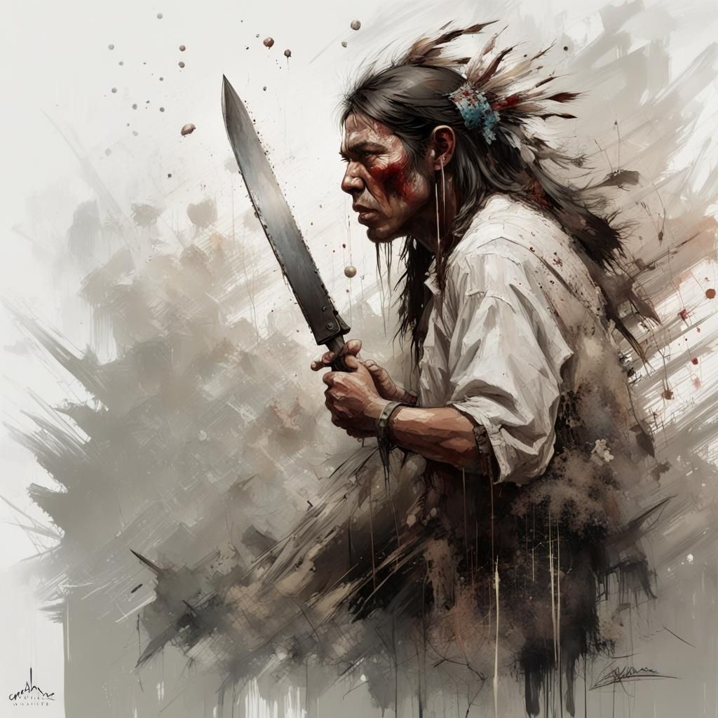 Native American Brave Defends Against Grizzly, Textured Spee...