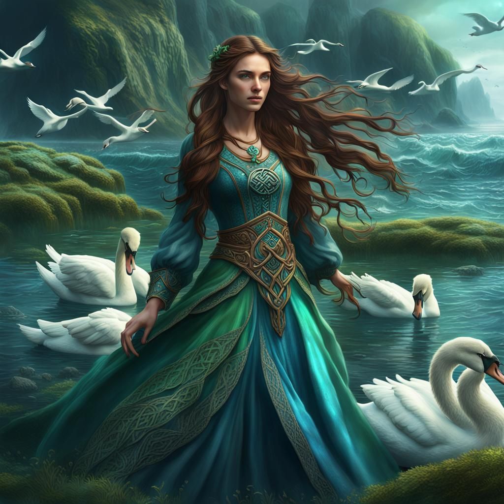 Celtic Woman with Swans in Fantasy Art Style