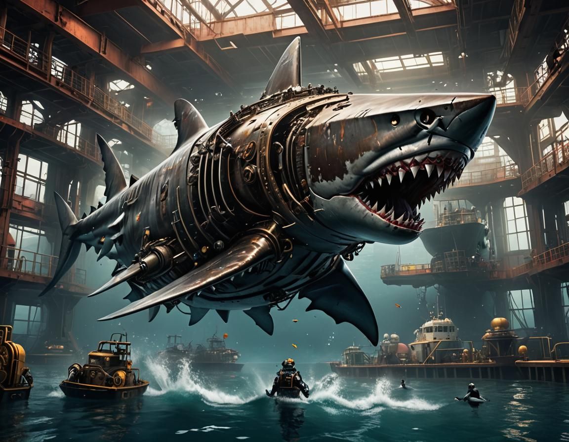 Giant Rusty Robot Shark with Ship, Steampunk Style