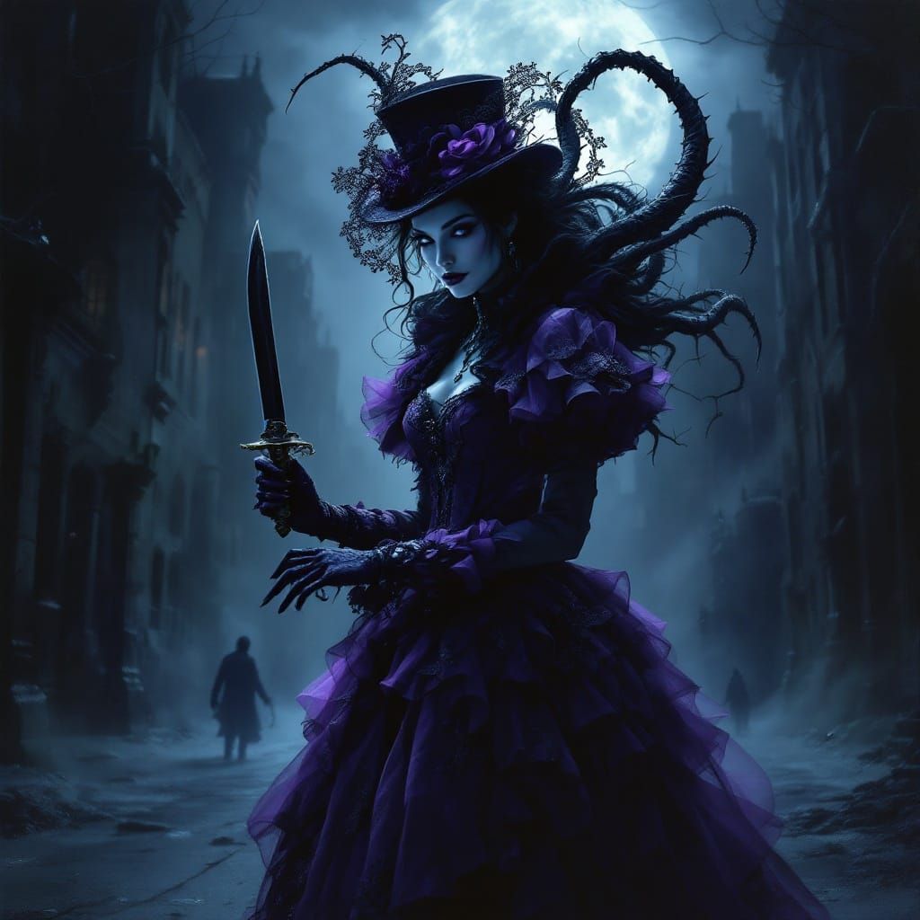Victorian Woman with Knife in Gothic City