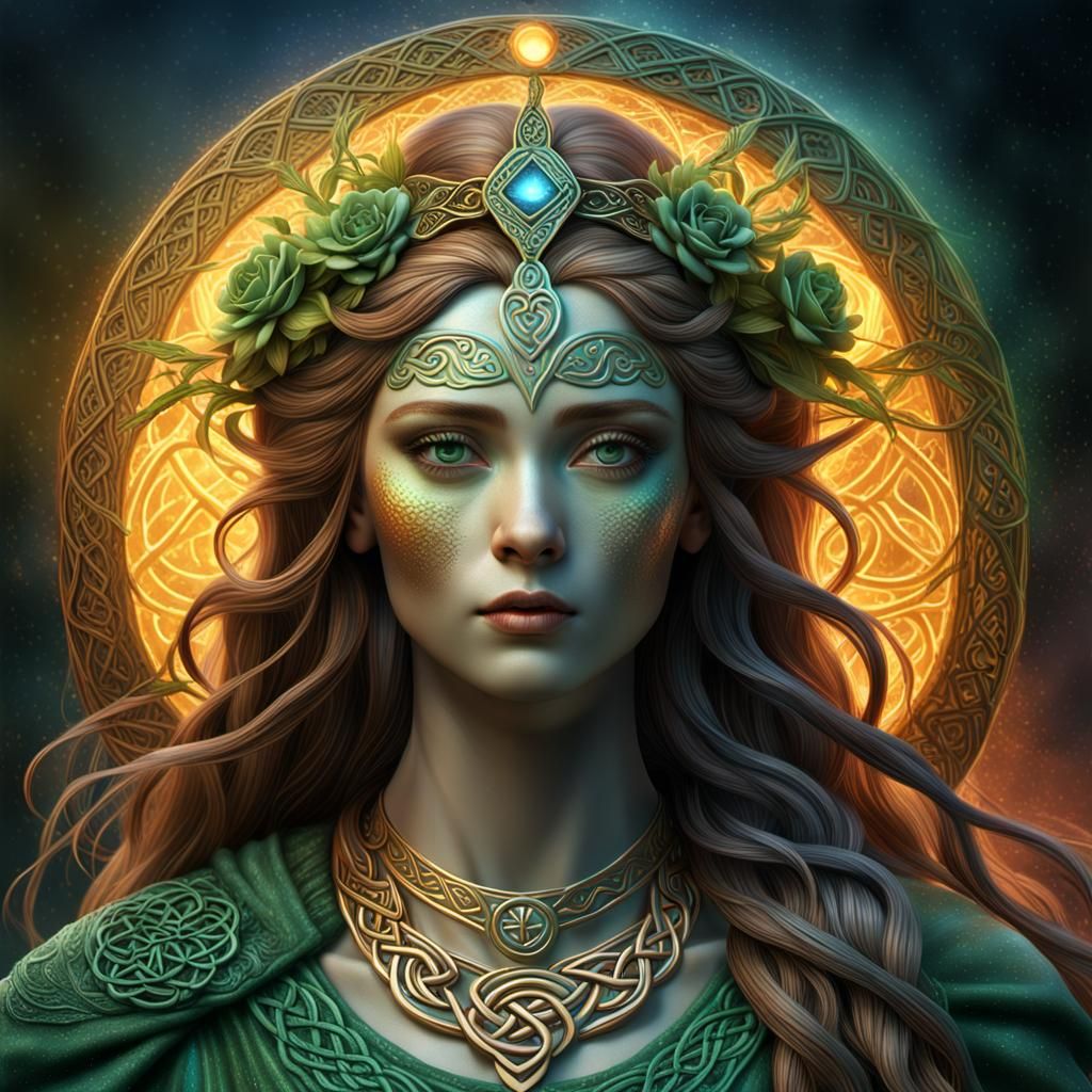 A hyper-realistic digital render of the Celtic goddess Brigid portrayed in full spectrum, veering forward from a frontal...