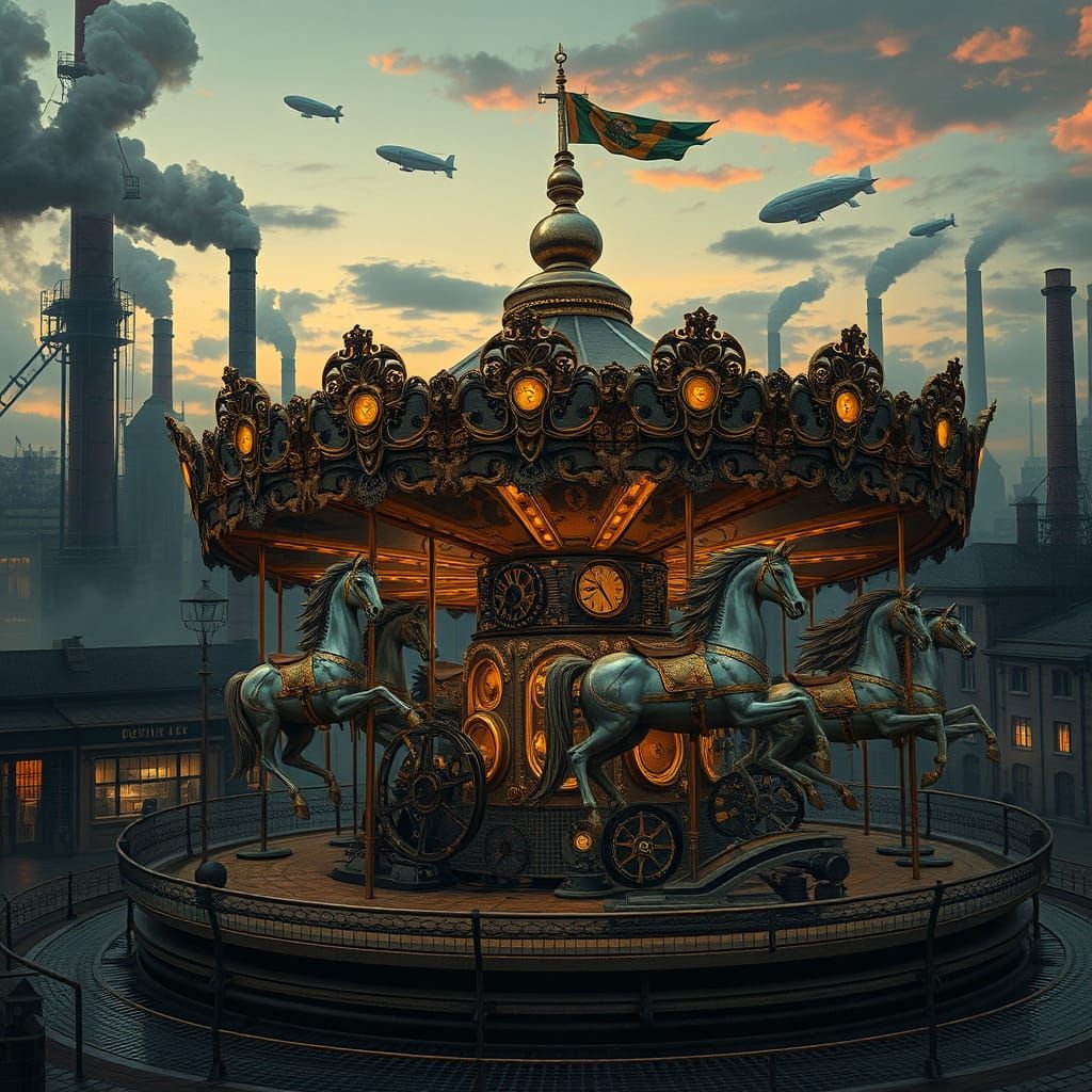 Steampunk Clockwork Carousel in Twilight City