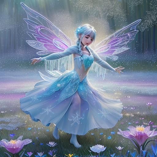 Luminescent Fairy Dancing in Frozen Flower, Impressionism