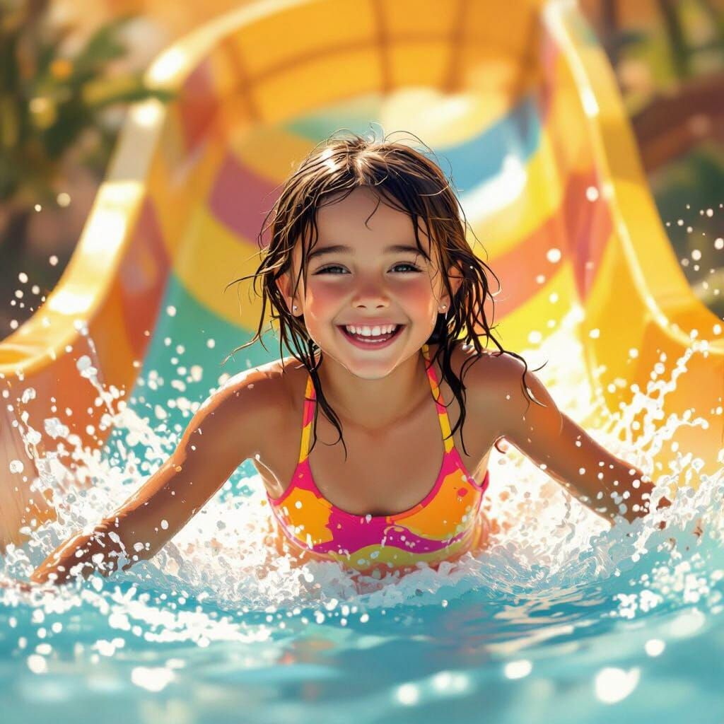 Girl on Waterslide with Joyful Smile