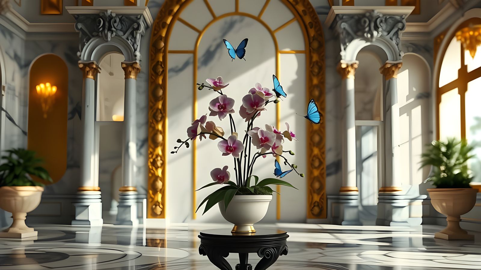 Orchids and Butterflies in Palace with Fractal Mirror