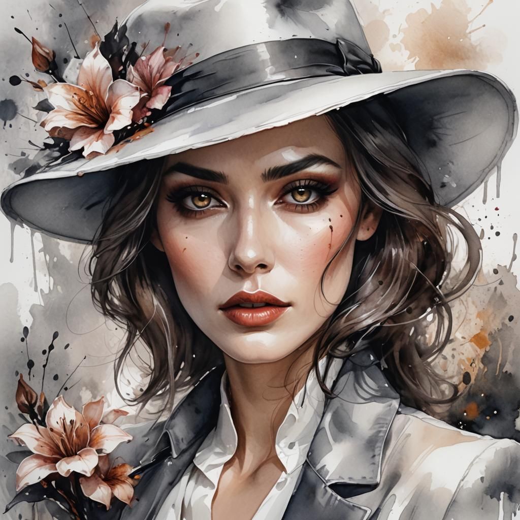 Fantasy Woman in White Suit: Watercolor Sketch Art