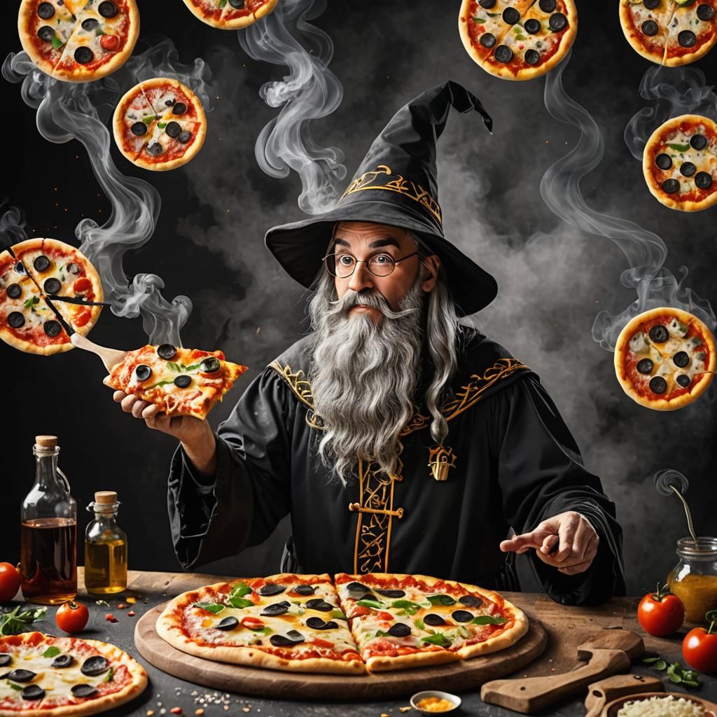 Wizard Creates Cheesy Pizza in Smokey Scene