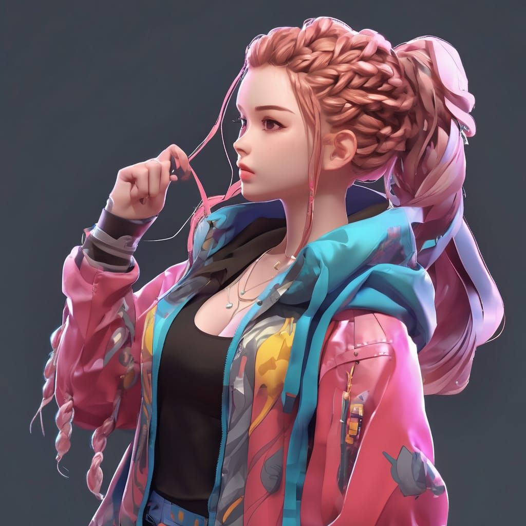 Anime Woman with Braided Hair in Big Jacket