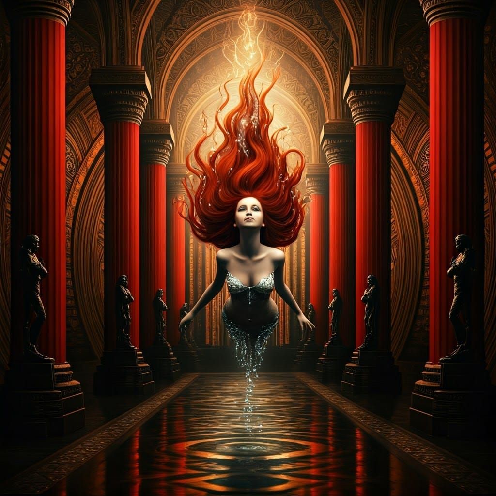 Art Deco Woman in Opulent Hall with Gold Accents