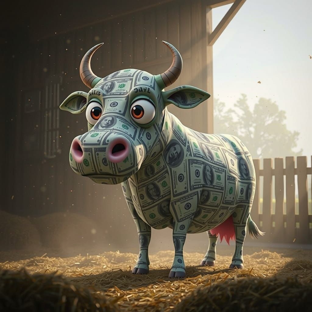 Whimsical Cartoon Cow With Dollar Bill Hide in Barn