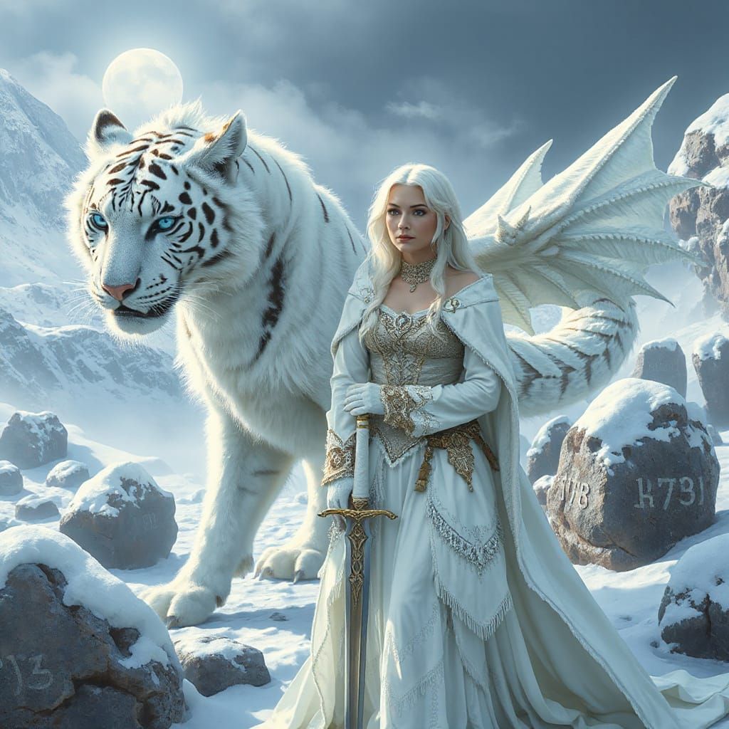 Celtic Warrior Princess with Tiger-Dragon in Snowy Landscape
