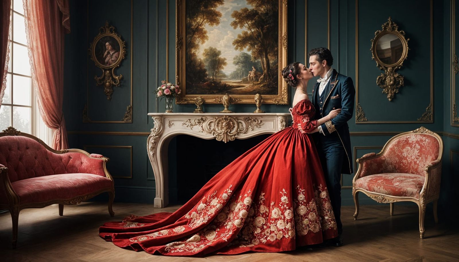 Elegant Victorian Lovers Share a Passionate Kiss