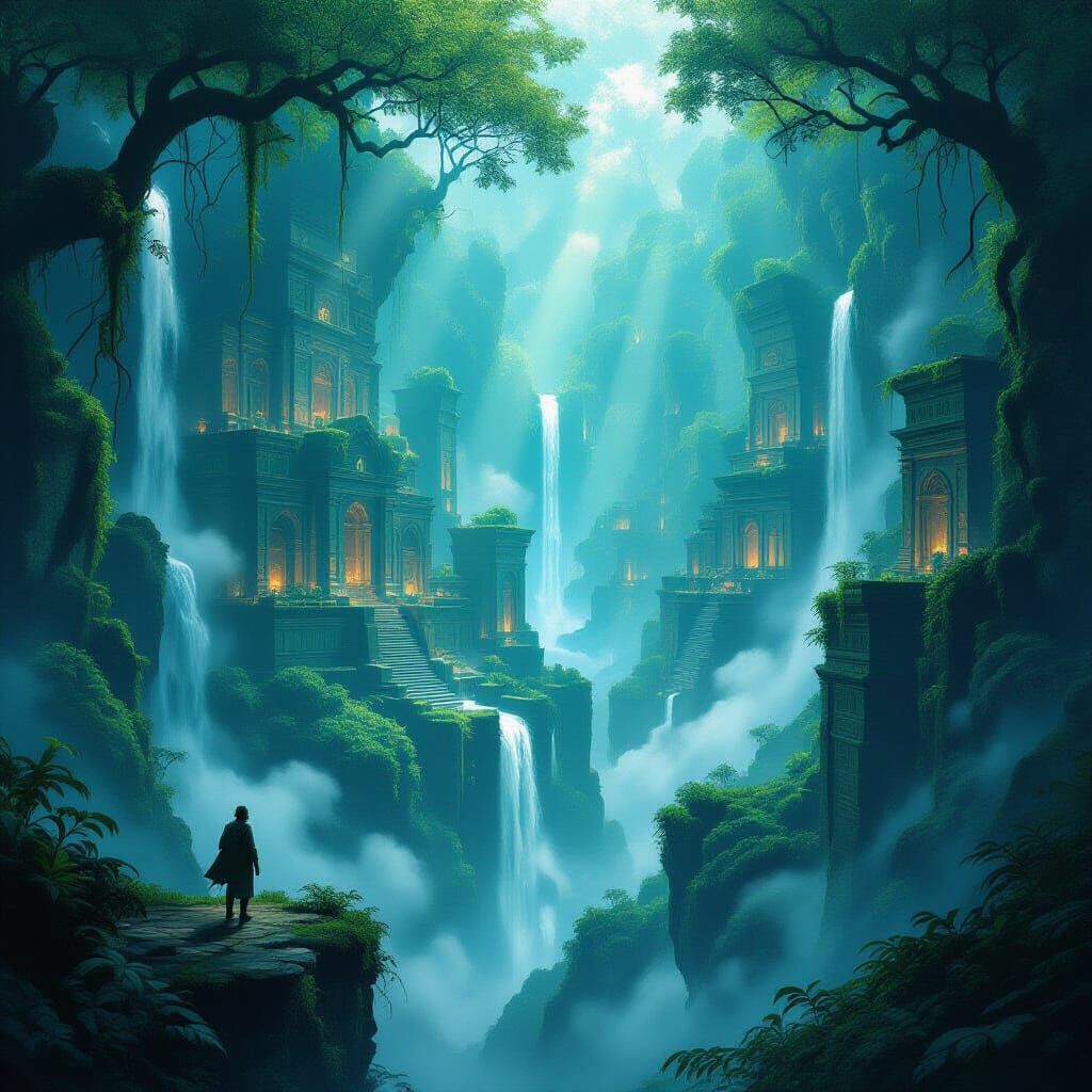 Explorer Views Ancient Jungle City in Fantasy Concept Art St...