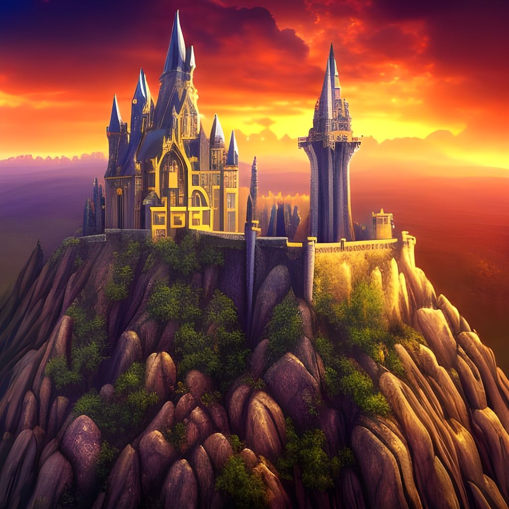 Dark Fantasy City with Wizard Tower at Golden Hour