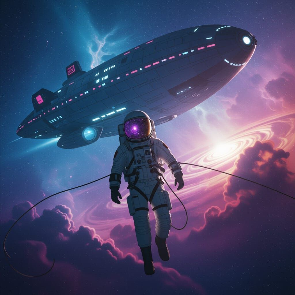 Retro Sci-Fi Astronaut Exploring Cosmic Nebula in Vast Space