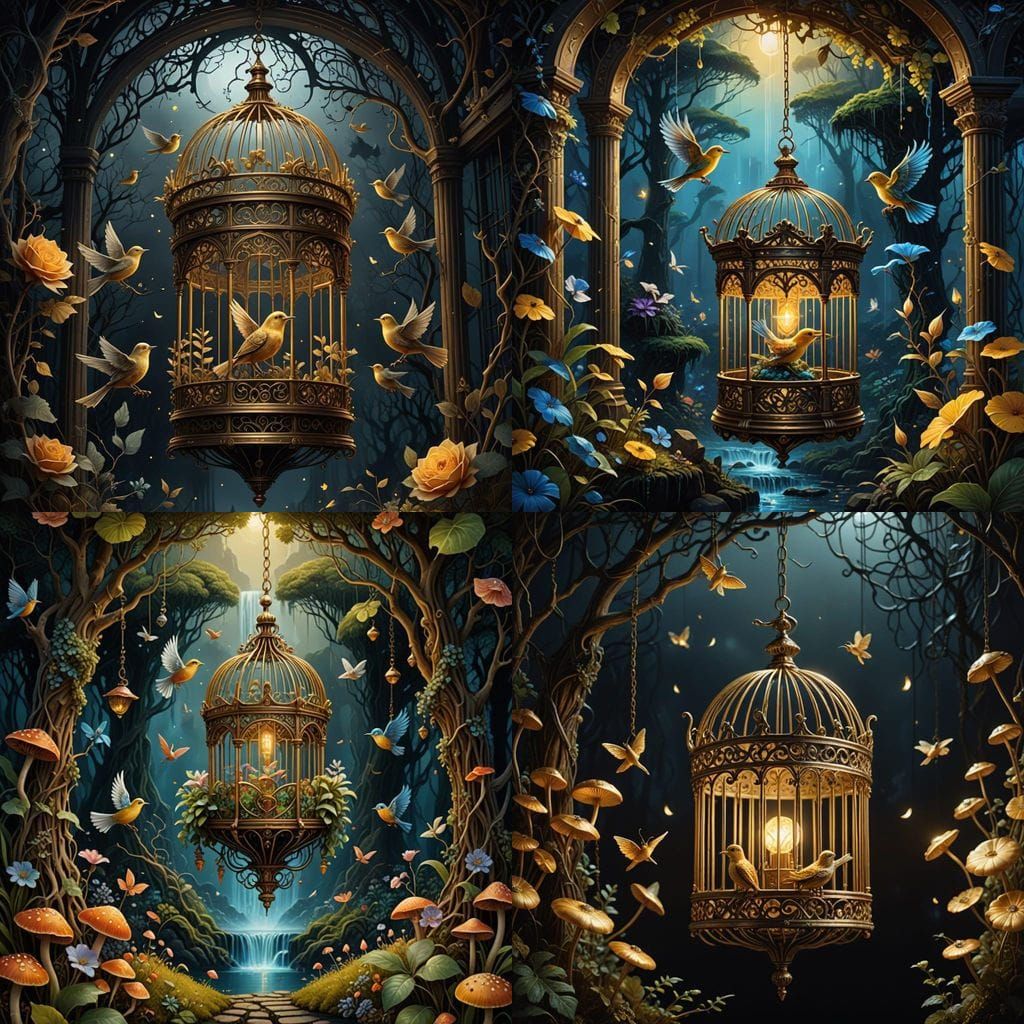 A lush, miniature ecosystem thrives inside a golden birdcage...