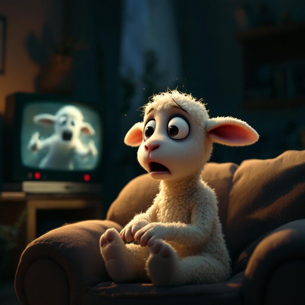 Frightened Lamb Watches Scary Movie in Claymation Style