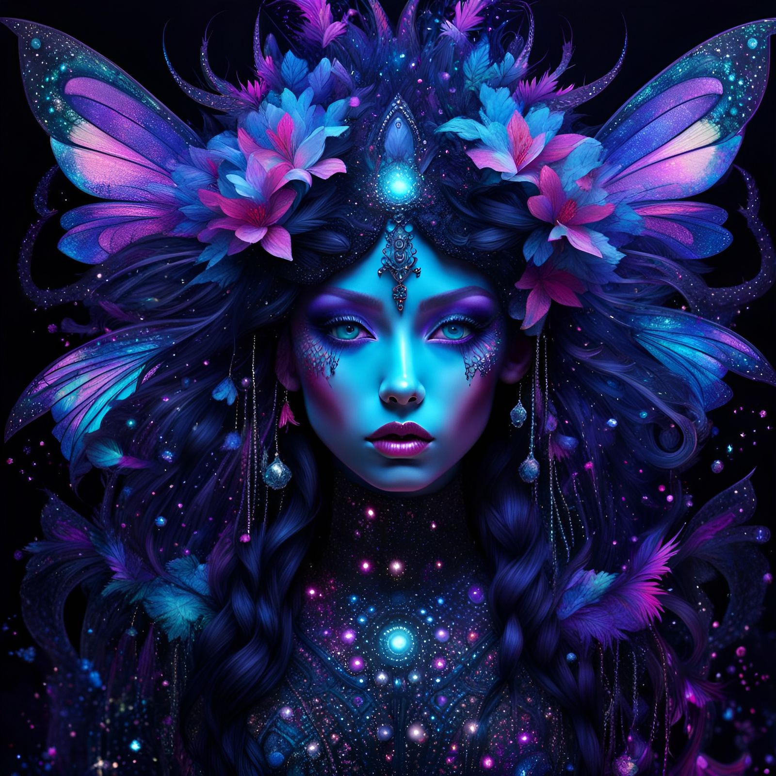 Neon Fairy Portrait in Blacklight Forest
