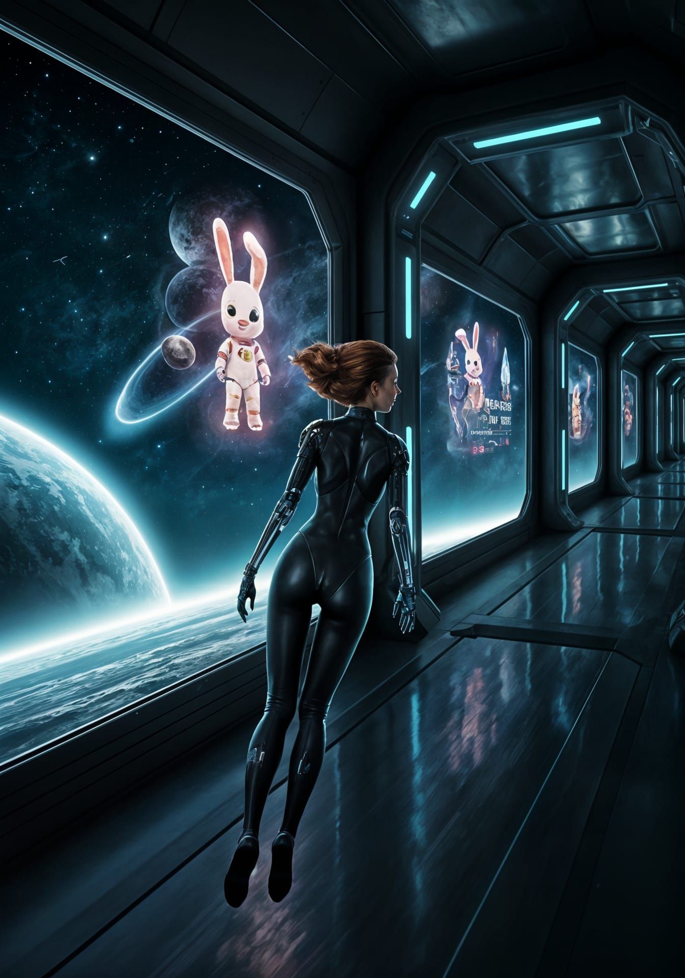 Woman in Cyberpunk Space Travel Ascends to Moon