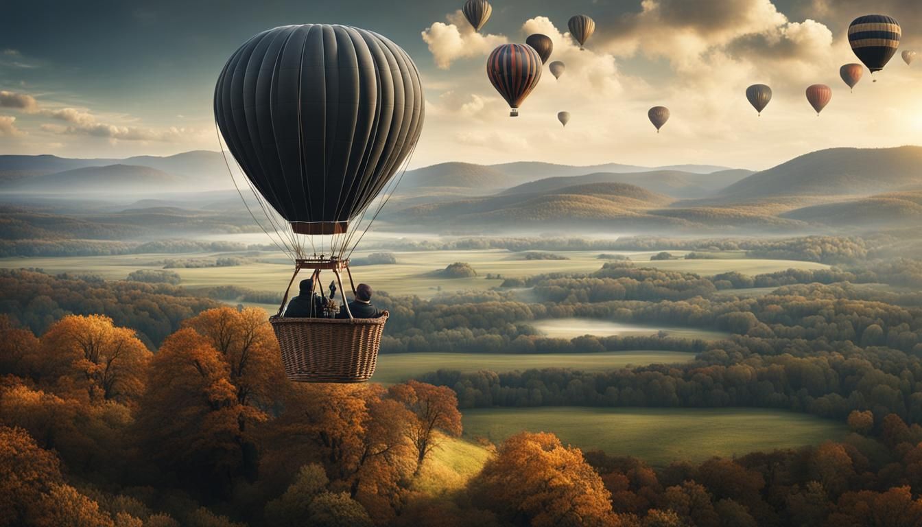 Traveler in Hot Air Balloon over Mysterious Landscape