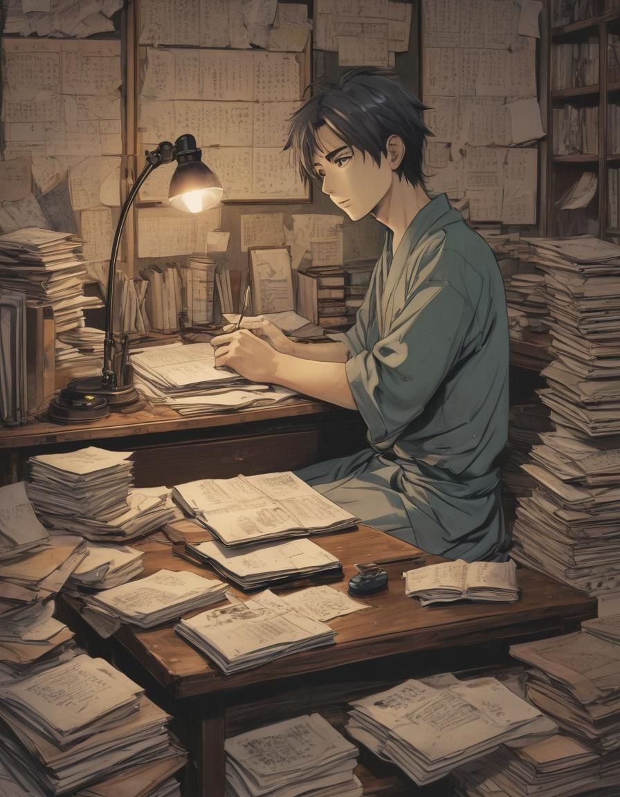 Anime Illustration of Young Man Studying at Desk